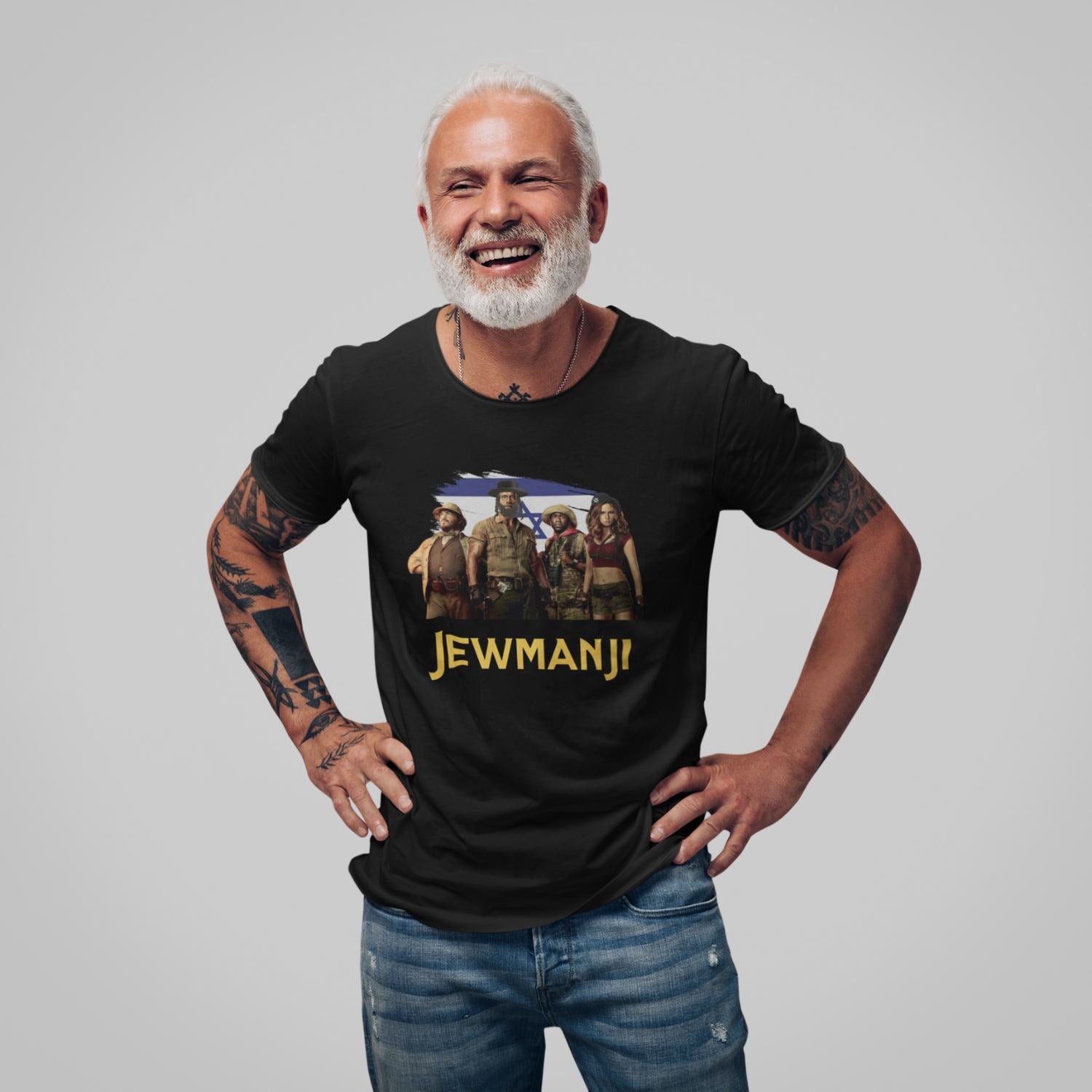 Man wearing Jewmanji T-shirt