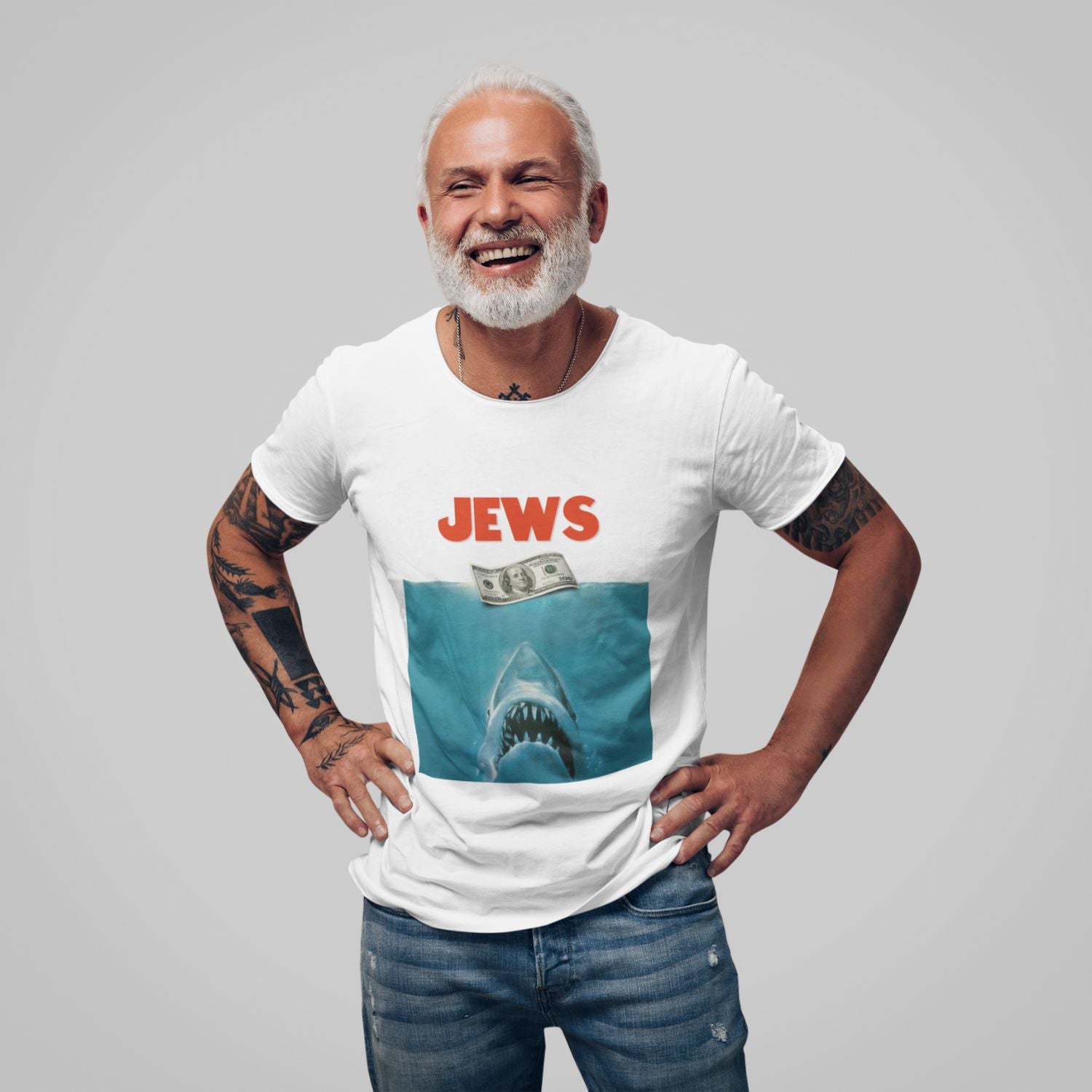 Man wearing Jews Jaws t-shirt