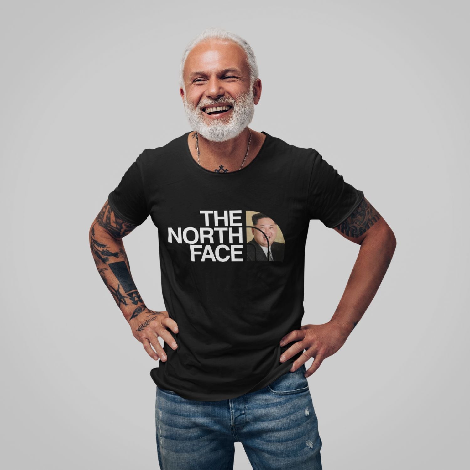 Man wearing The north face kim jong un shirt