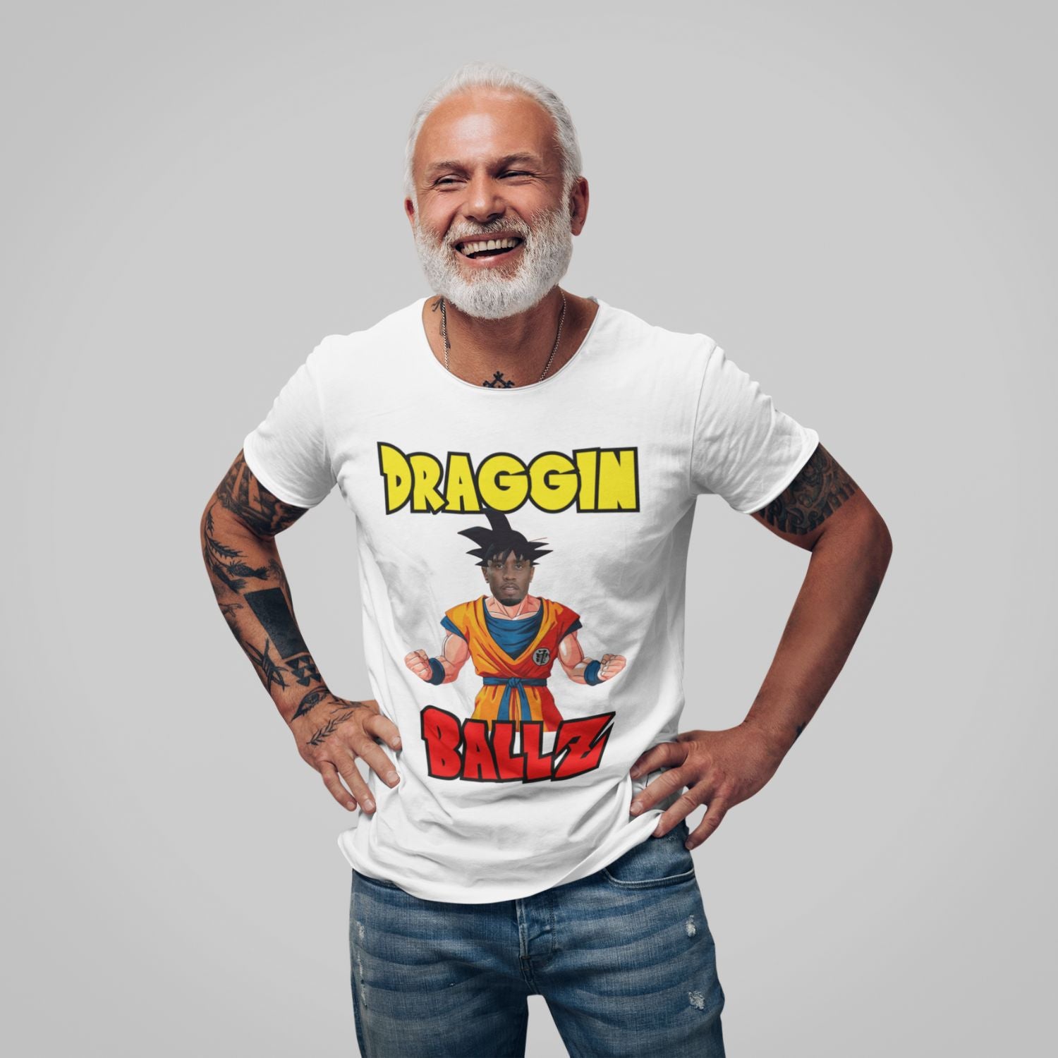 Man wearing Draggin Ballz Diddy Dragon balls t-shirt