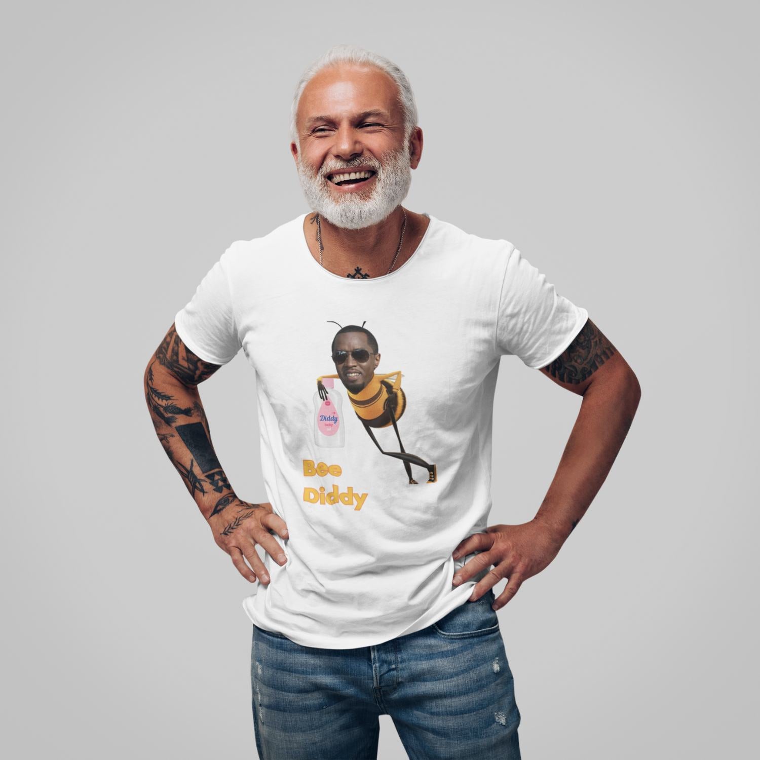 Man wearing Bee Diddy white t-shirt